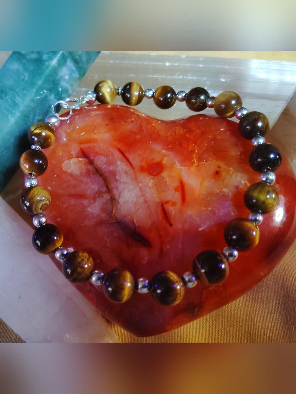 NWT- SOLIDS DRAWING  SILVER BEADED BRACELET WITH, GOLDEN-TIGERS EYE, 8"-LONG